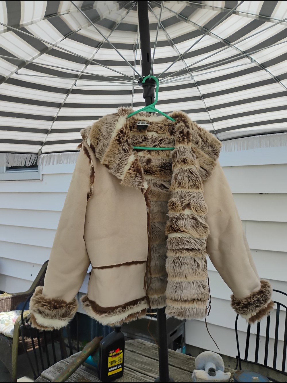 Beige Faux Fur Trim Jacket - Plush Hooded Coat L